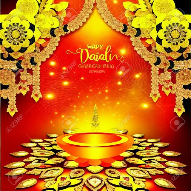 Happy Diwali festival card with gold diya patterned and crystals on paper color Background.
