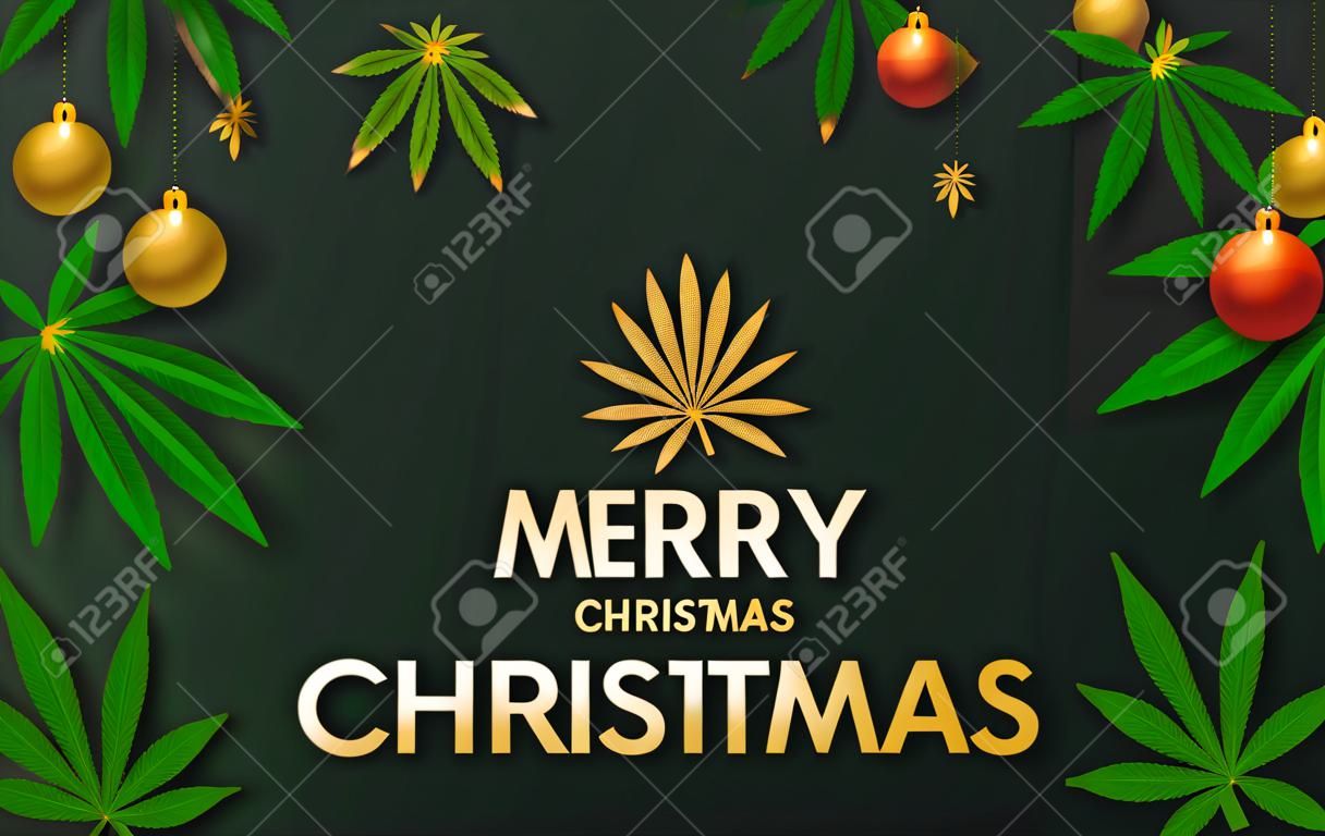 Feliz Navidad cannabis planta de marihuana tarjeta de felicitación elementos papel cortado con estilo artesanal en el fondo.