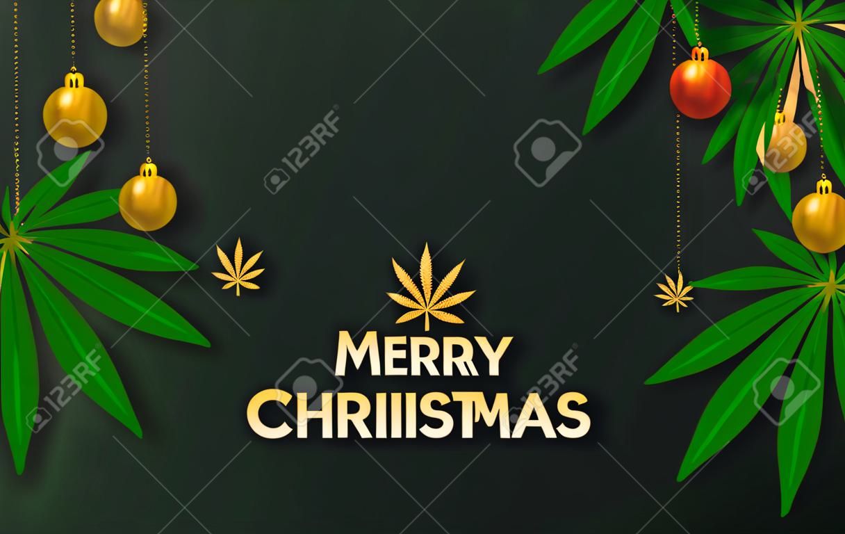 Feliz Navidad cannabis planta de marihuana tarjeta de felicitación elementos papel cortado con estilo artesanal en el fondo.