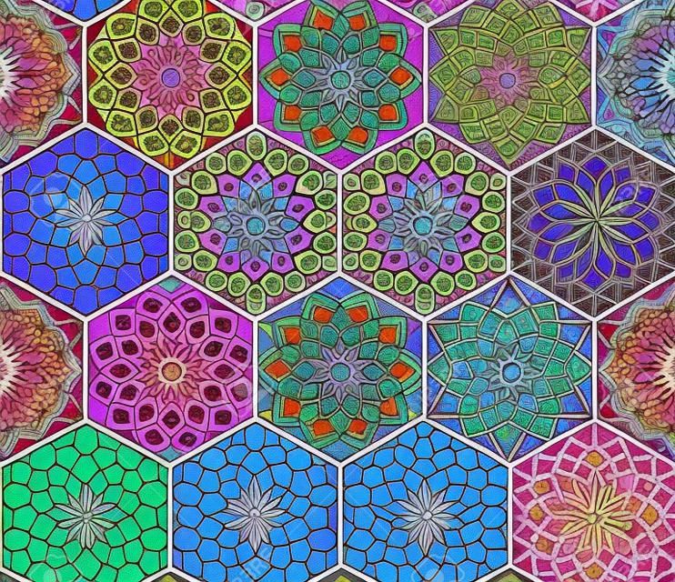 Colorful tiles boho pattern. Hexagon mandala background. Abstract flower ornament.