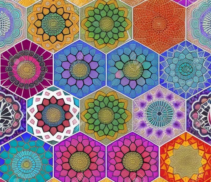 Colorful tiles boho pattern. Hexagon mandala background. Abstract flower ornament.