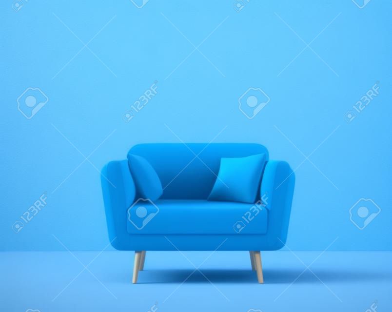 Blue armchair with pillows on blue background. 3d render