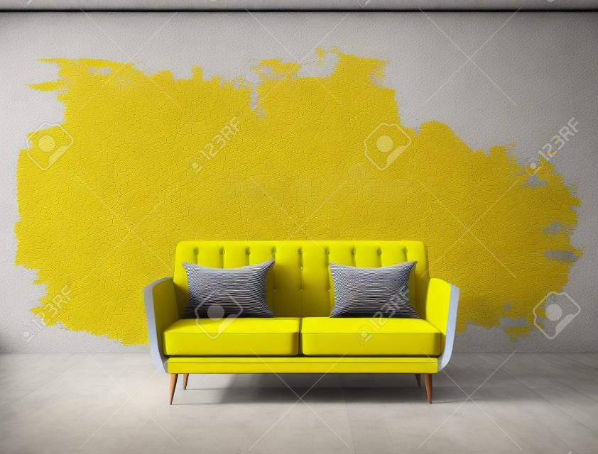 Modern bright interiors 3D rendering illustration  room with yellow sofa