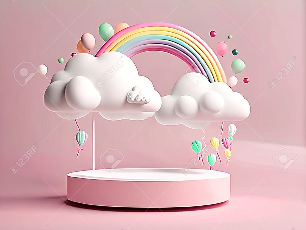 3D-Darstellung eines rosa Podiums mit Wolken, Regenbogen und Luftballons