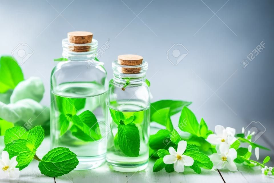 fresh mint essential oil and flowers