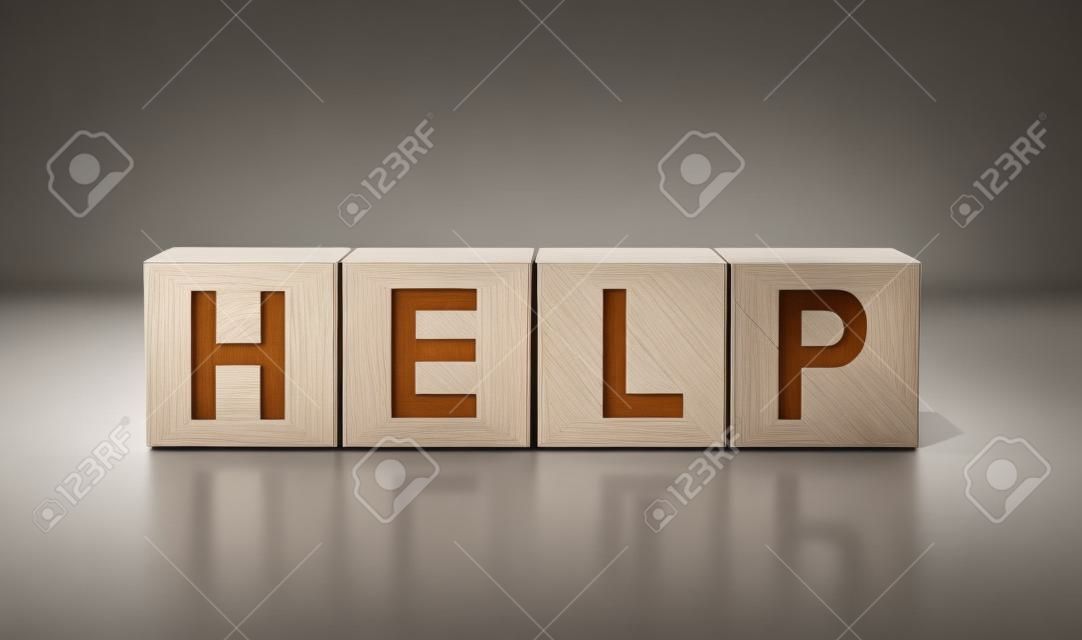 HELP is a word made up of wooden cubes on a table. Your design concept.