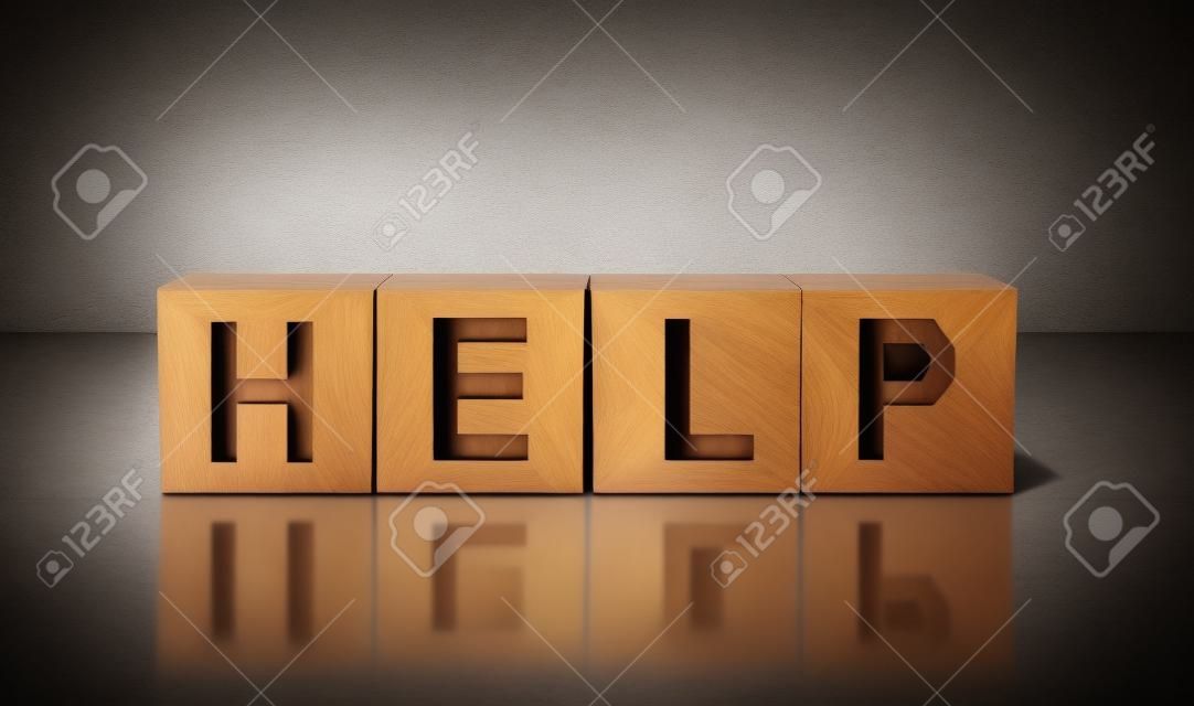 HELP is a word made up of wooden cubes on a table. Your design concept.
