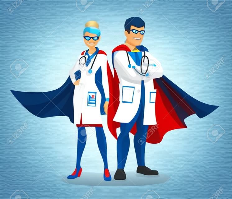 Personnage de dessin animé de super docteur. Médecin de super-héros avec des capes de héros. Notion de vecteur de soins de santé. Notion médicale. Premiers secours. Personnel de santé vs covid19