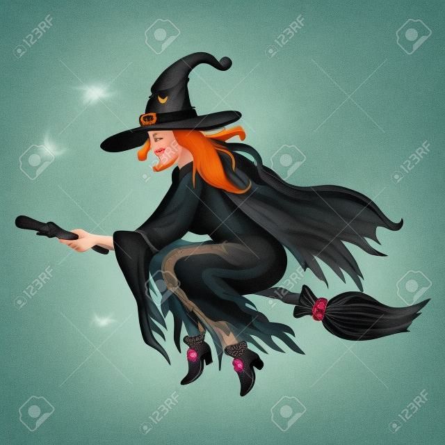 万圣节女巫的扫帚在飞的插图