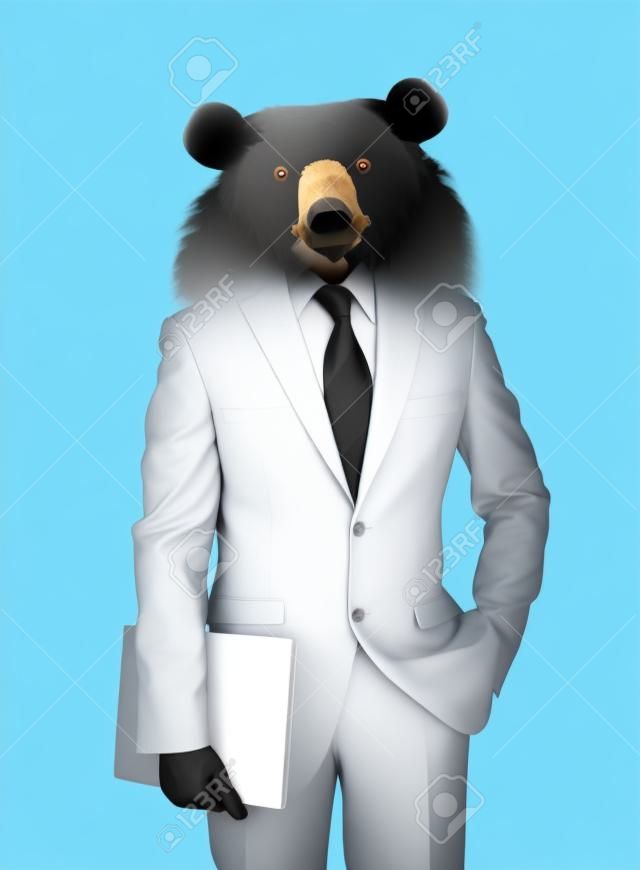homem de negócios com cabeça de urso isolado no fundo branco