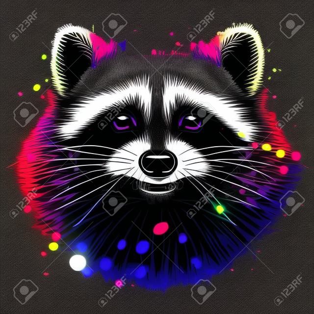 Wasbeer. abstract, neon, multi-gekleurd portret van een wasbeer in de stijl van pop kunst op een zwarte achtergrond. digitale vector graphics.