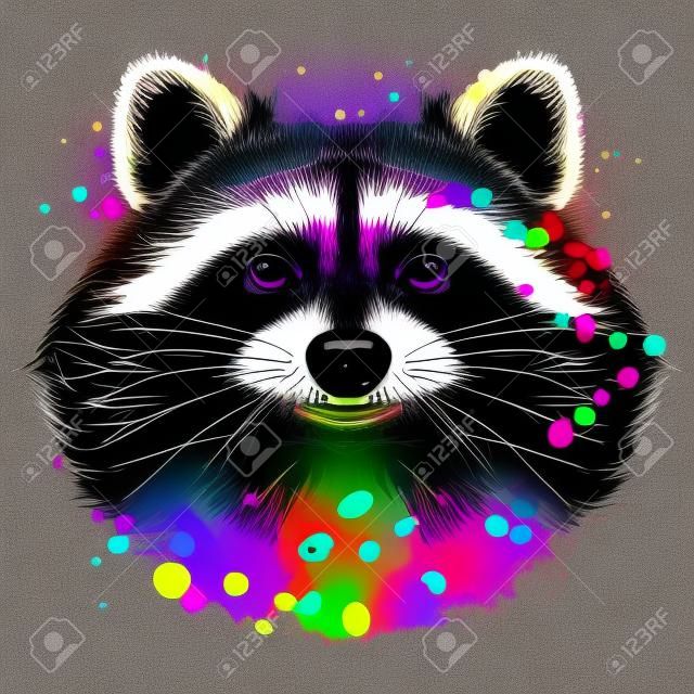 Wasbeer. abstract, neon, multi-gekleurd portret van een wasbeer in de stijl van pop kunst op een zwarte achtergrond. digitale vector graphics.