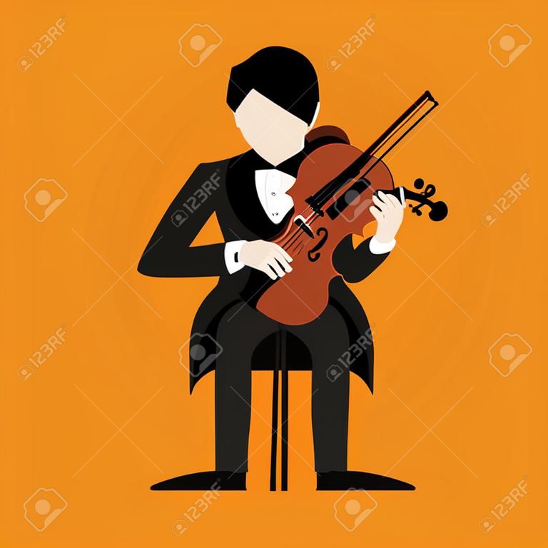 フラットバイオリニストの男のキャラクターが音楽を演奏。楽器で演奏するミュージシャン。