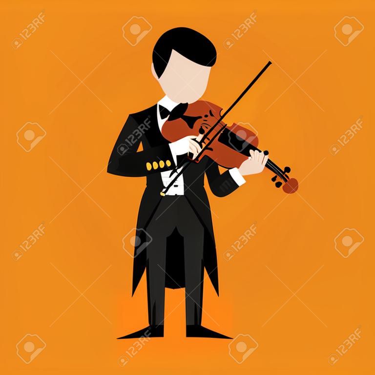 フラットバイオリニストの男のキャラクターが音楽を演奏。楽器で演奏するミュージシャン。
