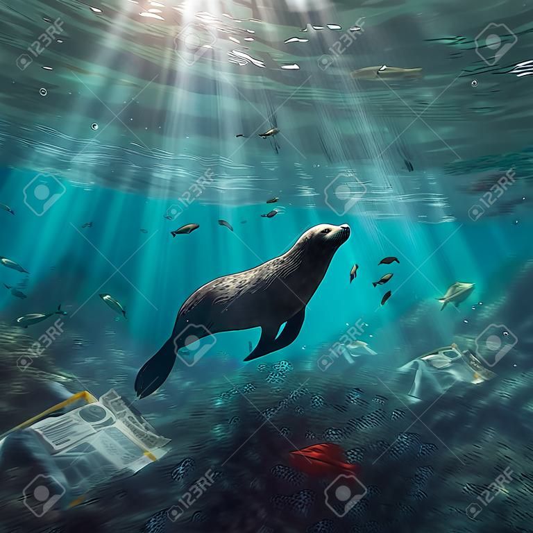 El león marino nada bajo el agua en el océano entre los escombros. el concepto del problema de la ecología. IA generativa.