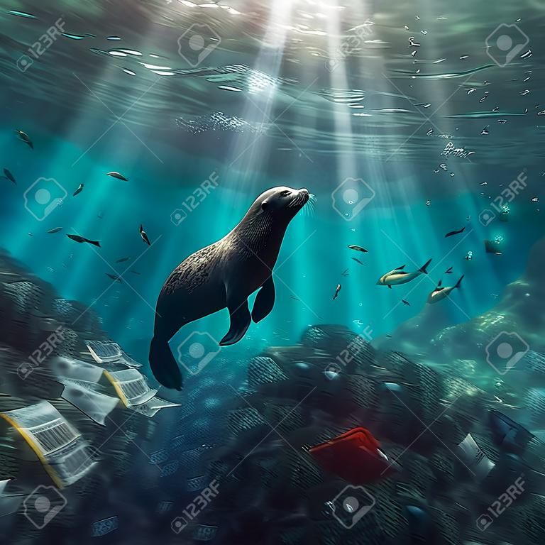 El león marino nada bajo el agua en el océano entre los escombros. el concepto del problema de la ecología. IA generativa.