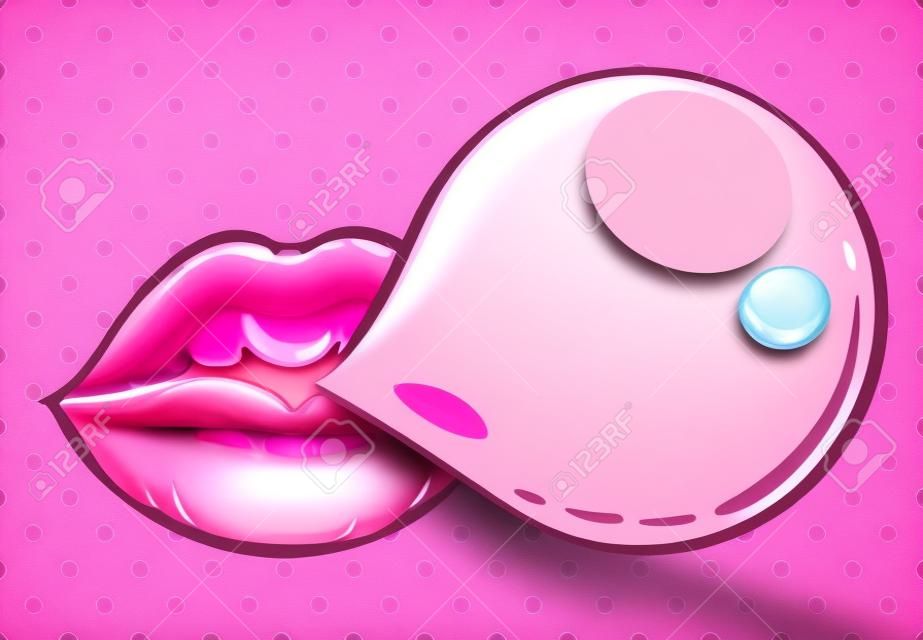 Lábios cor-de-rosa da mulher com chiclete da bolha.