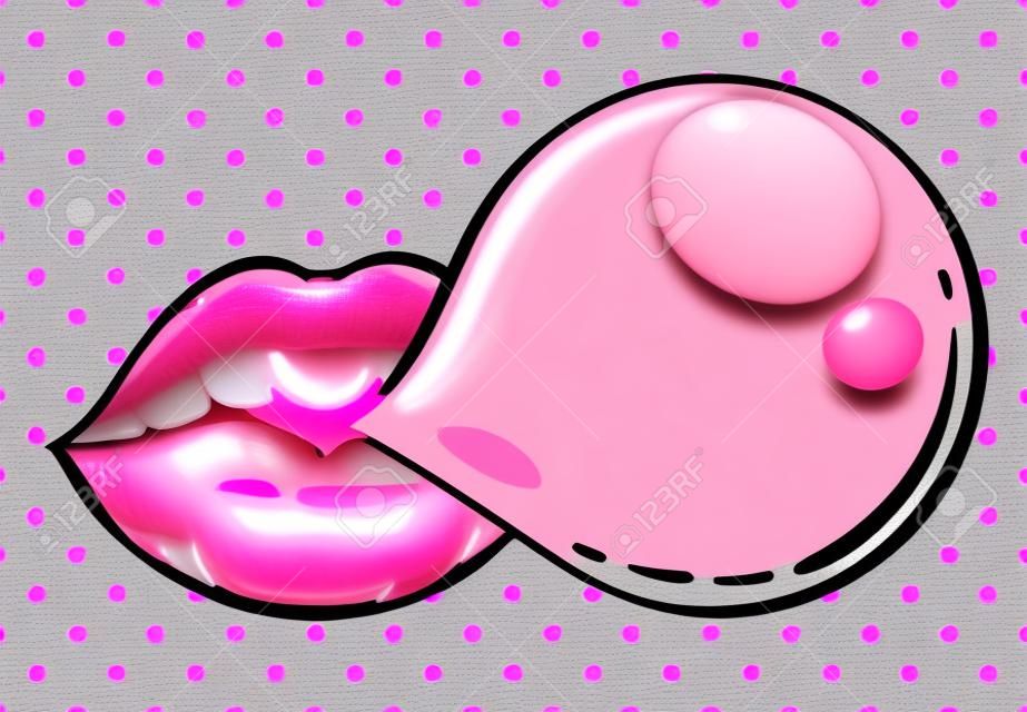 Woman pink lips with bubble gum.