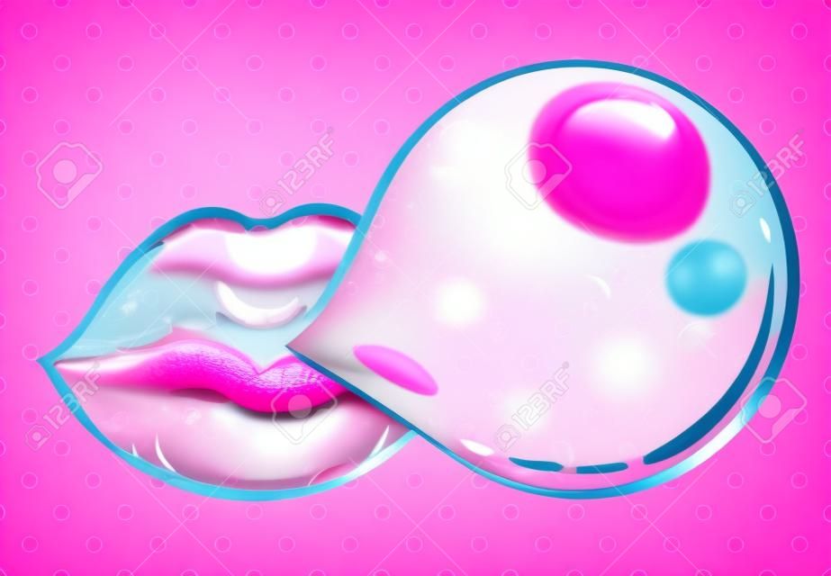 Lábios cor-de-rosa da mulher com chiclete da bolha.