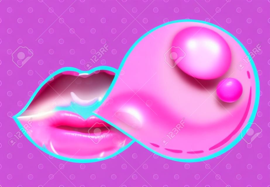 Kobieta różowe usta z gumy balonowej.