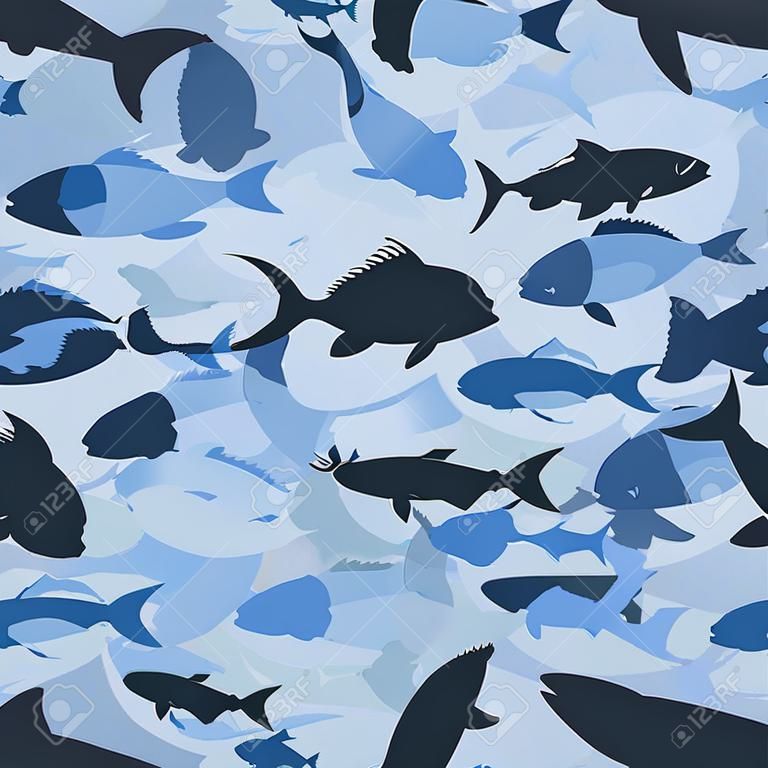blaue Camouflage-Silhouetten verschiedener Fische, nahtlose Textur des Schutzvektors