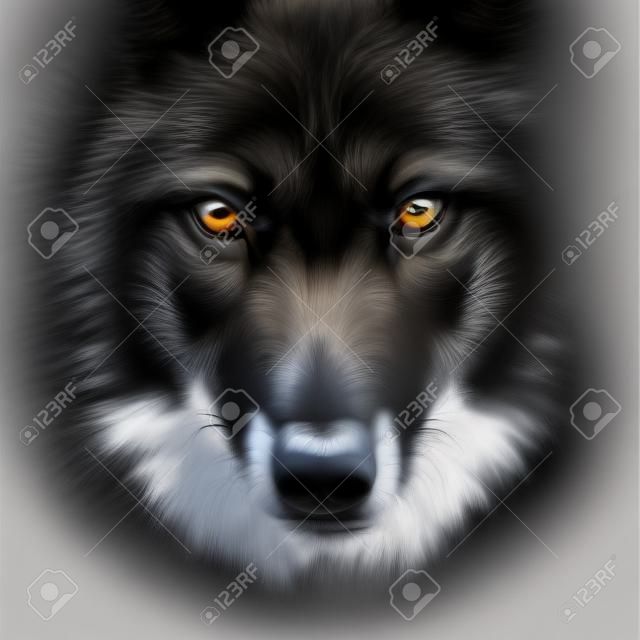 hand-tekening portret van een zwarte wolf op een zwarte achtergrond