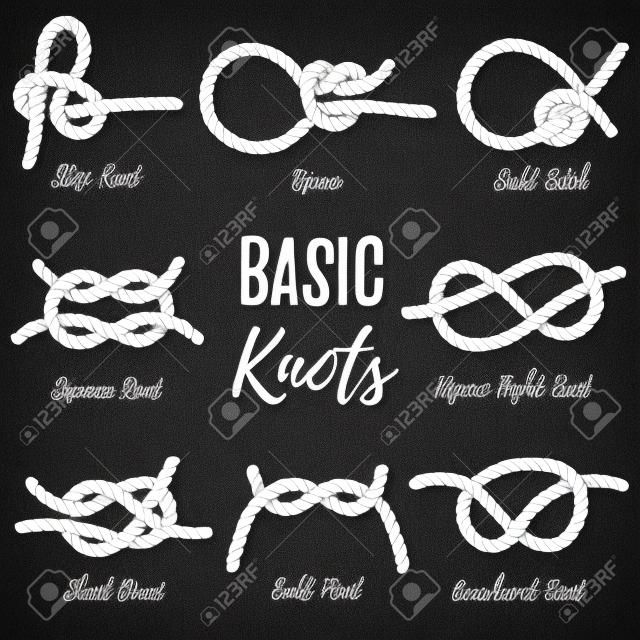 Set of nautical rope knots. Basic marine knots. Illustration for navy and nautical design. Hand drawn rope knots. Vintage elements for posters, prints and logo. Most used nautical rope knots bundle