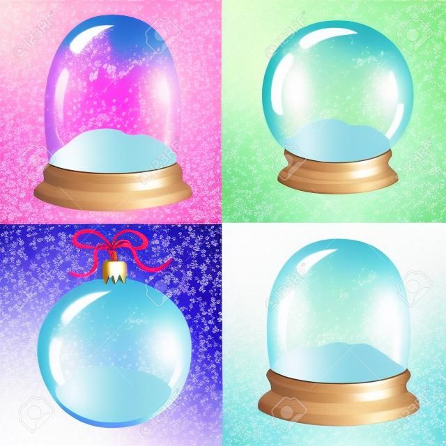 Set of 4 illustrations with cute handdrawn snow globe. Decorative vector clipart element. Empty glass balls with wood base on textured background. Fully editable christmas template in trendy colors