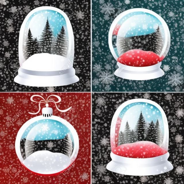 Set of 4 illustrations with cute handdrawn snow globe. Decorative vector clipart element. Empty glass balls with wood base on textured background. Fully editable christmas template in trendy colors