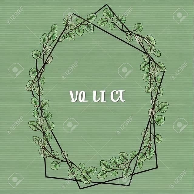 緑のユーカリの葉と花輪。コピースペースを含むフレーム境界線。eps10