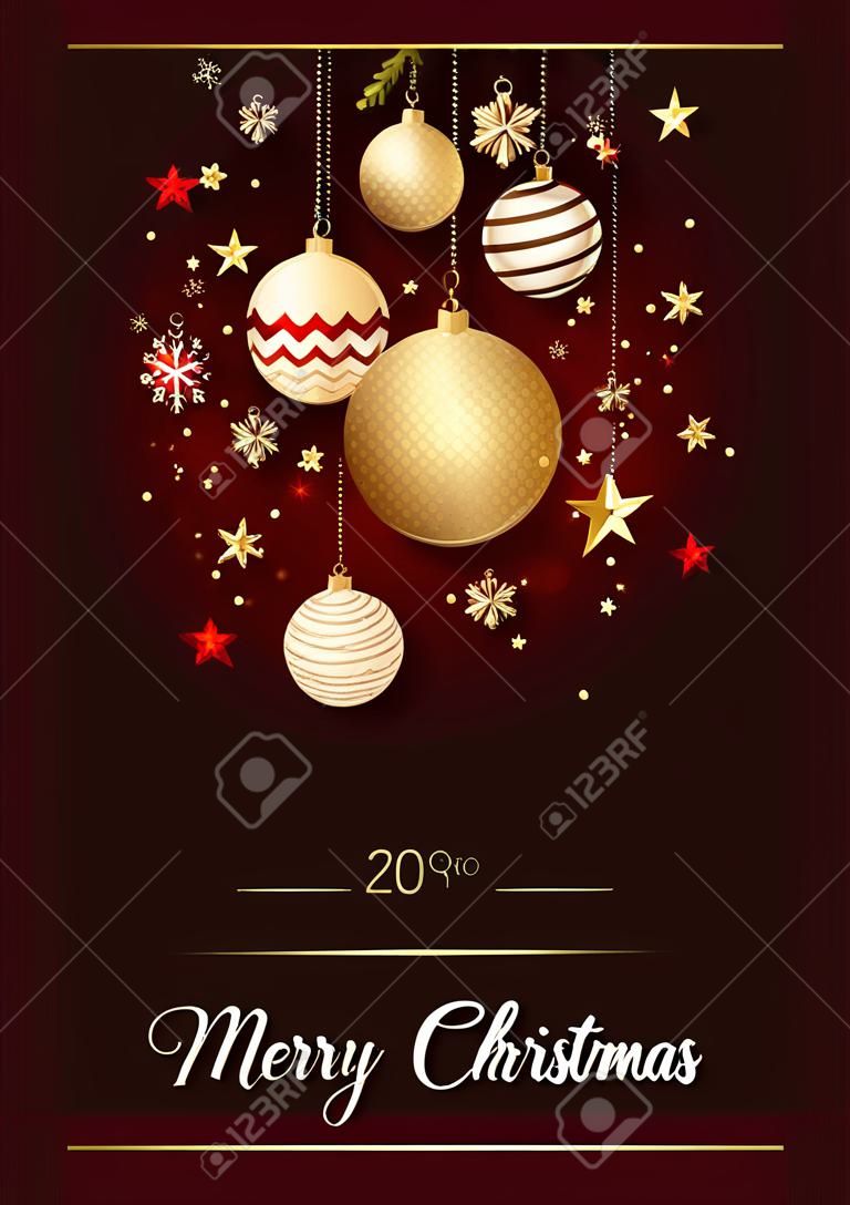 Kartkę z życzeniami bożonarodzeniowymi z dekoracjami choinkowymi, płatkami śniegu i konfetti, gałązkami sosny