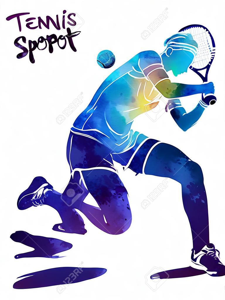 Bright watercolor silhouette of tennis player