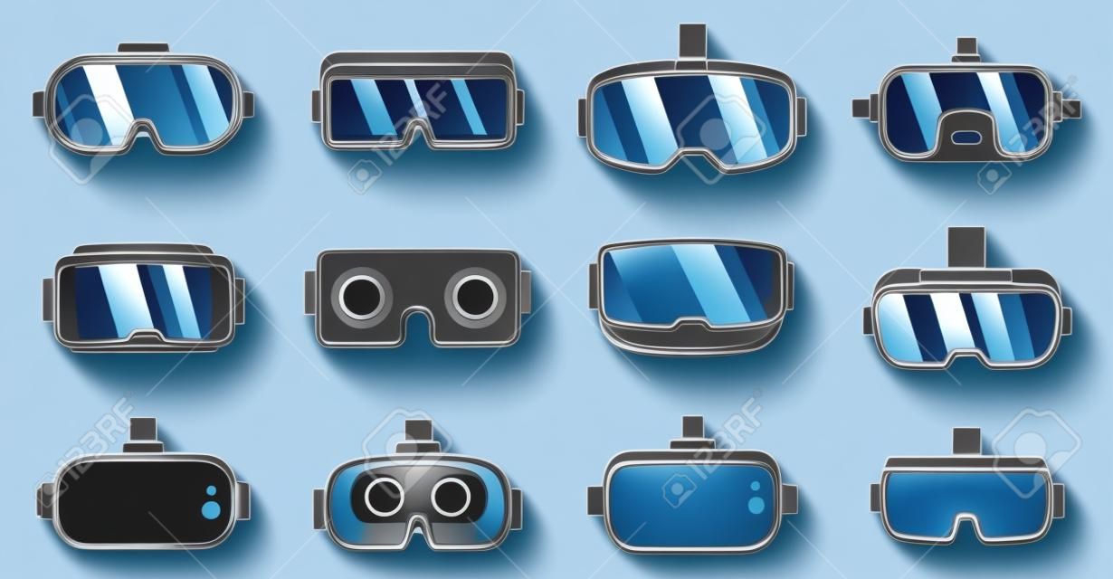 Icone degli occhiali di protezione del gioco 3d messe. Set semplice di icone vettoriali per occhiali da gioco 3d per il web design su sfondo bianco