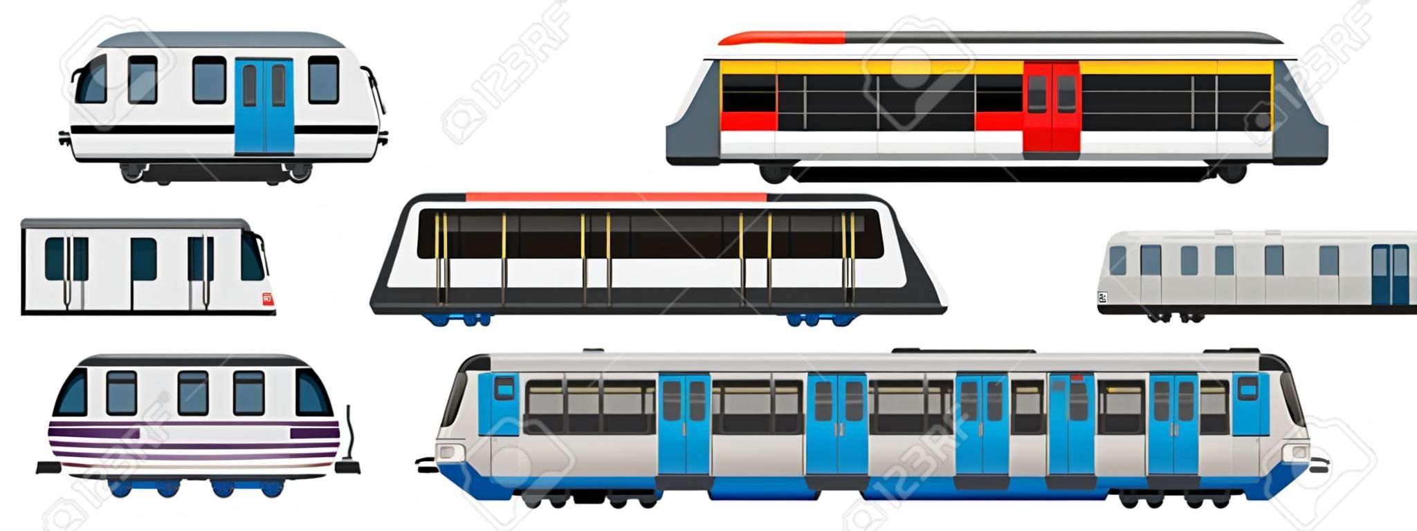 Conjunto de ícones de trem de metrô, estilo cartoon