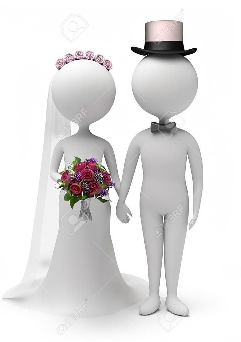 3d small people - wedding of the groom and the bride. 3d image. Isolated white background.