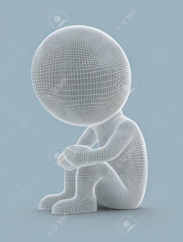 Pequeña persona 3d que se sienta en una posición triste. Imagen en 3D. Aislado fondo blanco.