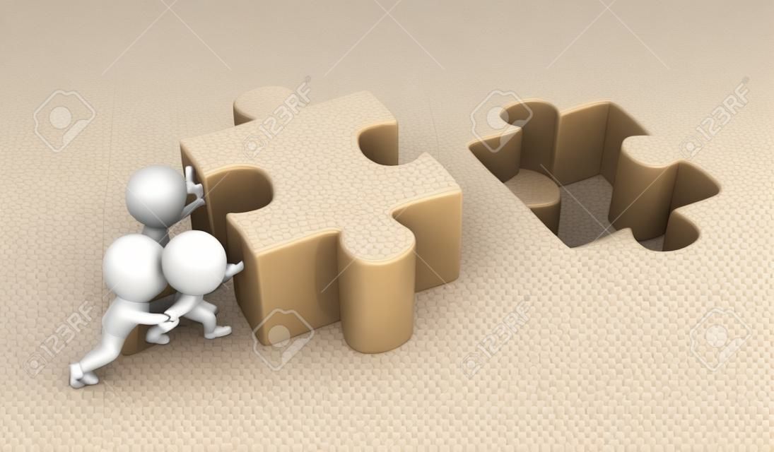 3d kleine Leute drängen großen Puzzle 3D-Bild isoliert auf weißem Hintergrund