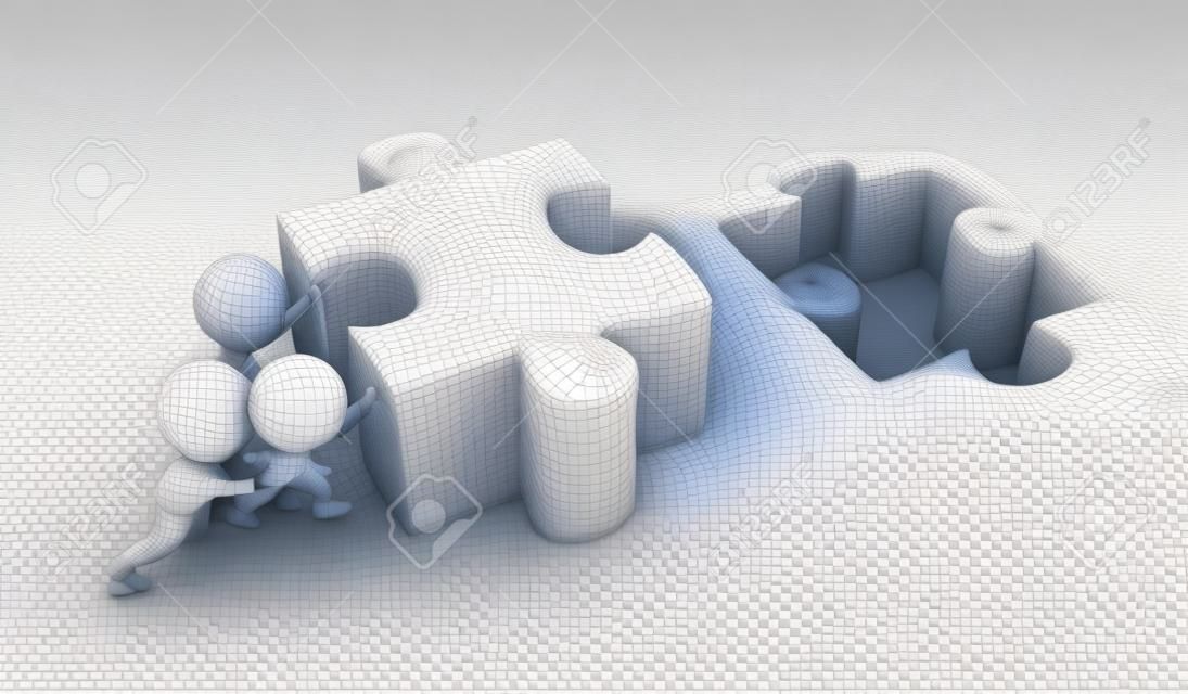 3d kleine Leute drängen großen Puzzle 3D-Bild isoliert auf weißem Hintergrund