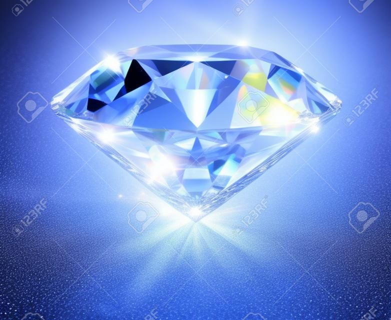 A beautiful sparkling diamond on a light reflective surface. 3d image. Isolated white background.