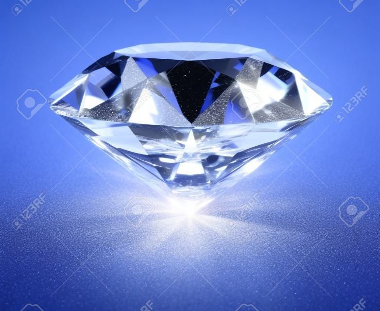 Einen schönen funkelnden Diamanten auf Licht reflektierenden Oberflächen. 3D Abbild. Weißer hintergrund isoliert.