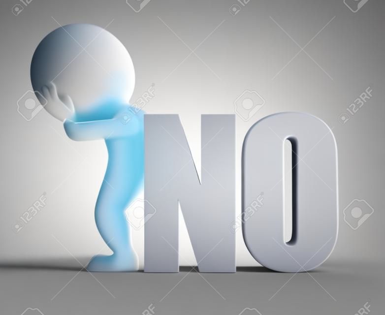 3d small person standing in sad pose next to the word no. 3d image. White background.