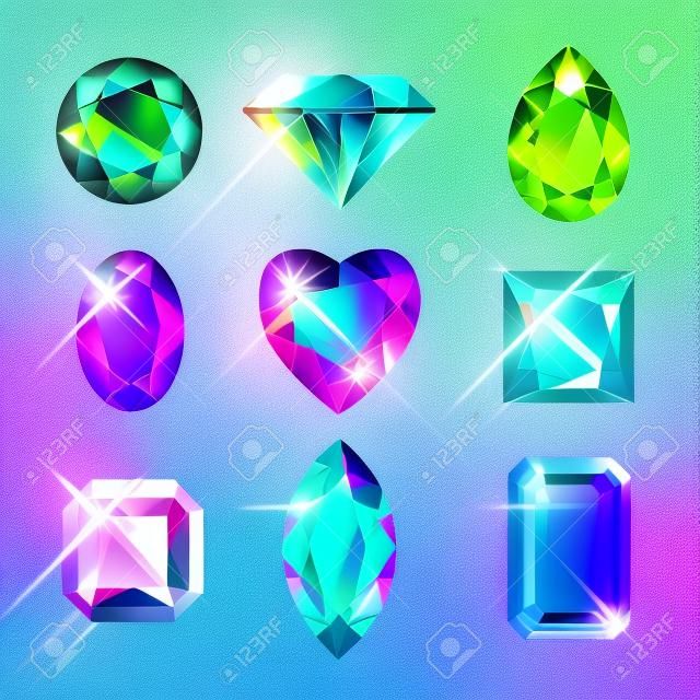 Conjunto de vetores coloridos de diamantes e pedras preciosas