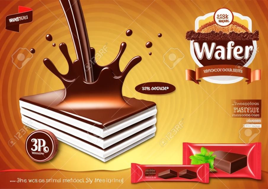 Wafer con versando annunci di cioccolato. Illustrazione 3D e confezione