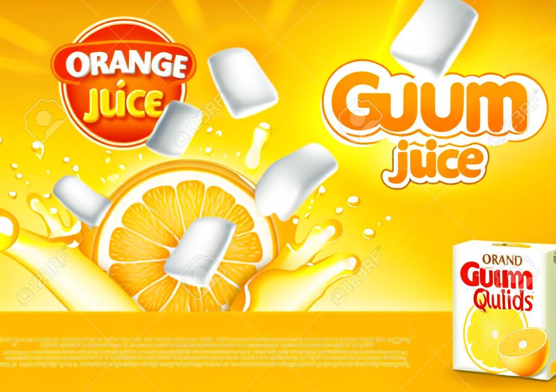 Reklamy gum cytrusowych. Pomarańcza wchodząca w sok. ilustracja i opakowanie 3d