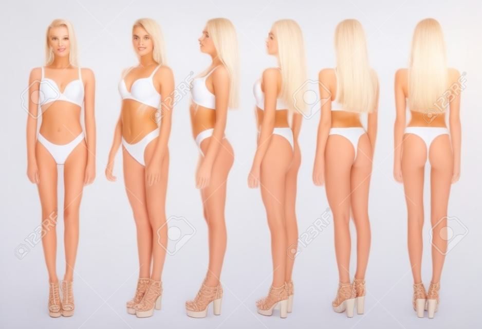 Ritratto completo del corpo di una giovane bella bionda modella in posa su uno sfondo bianco isolato