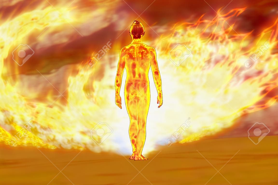 man proudly walking forward through fire ball