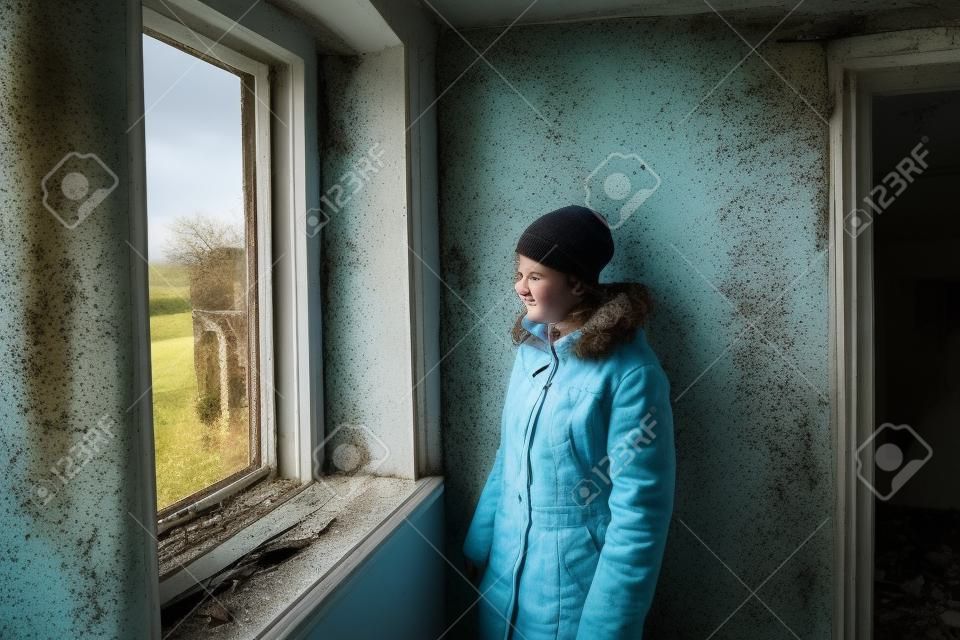 Een tiener kijkt uit het raam in een verlaten en geruïneerd huis