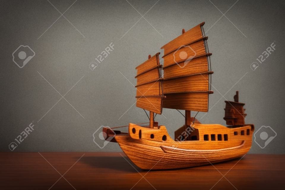 Wooden ship model on the desk. Travel and Adventure