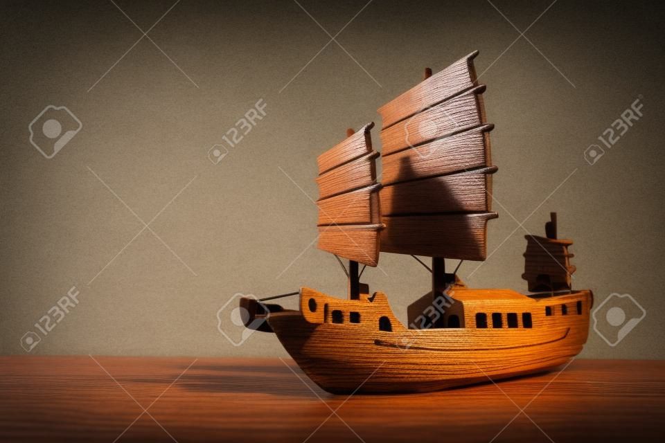 Wooden ship model on the desk. Travel and Adventure