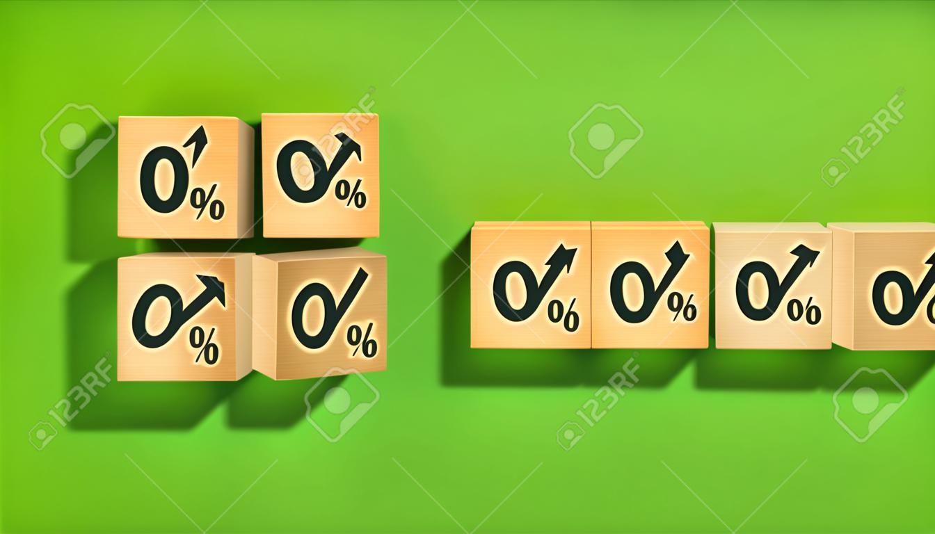 Wooden cubes with a up arrow and percentage symbol.